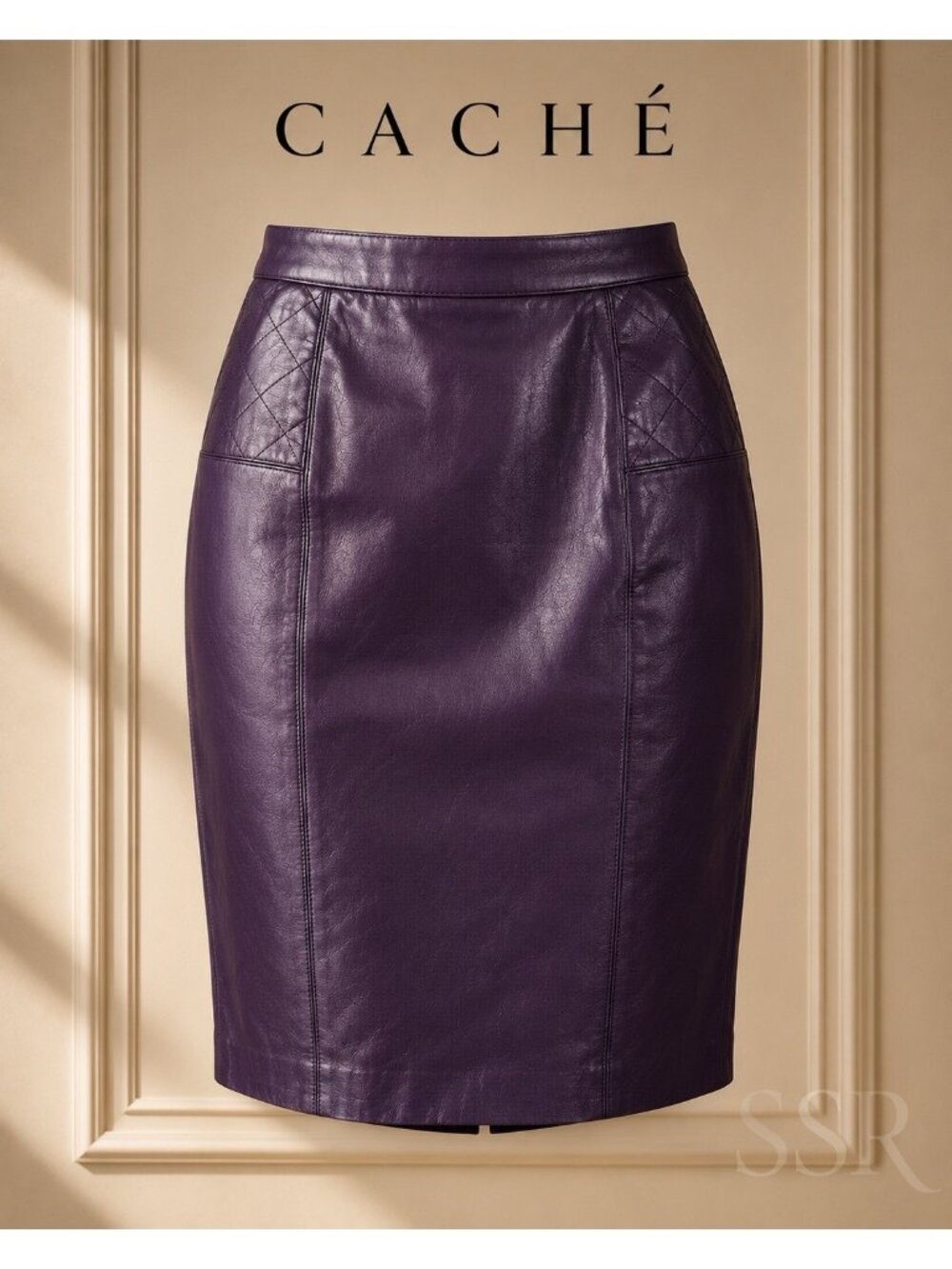 Vintage Caché Purple Genuine Leather Pencil Skirt Quilted Panels Size 8 Hong Kon